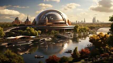 Obraz premium Aerial View of Carbon-Neutral Future City: Solar Rooftops, Wind Turbines, and Electric Vehicles in Harmony