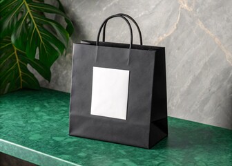 Black Paper Bag Mockup featuring a Blank White Square Label for Custom Branding Opportunities