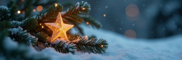 Twinkling star nestled among layered twine branches, snowfall, festive