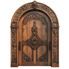 Ornate wooden door with intricate carvings and a curved arch, showcasing detailed craftsmanship and artistic design.