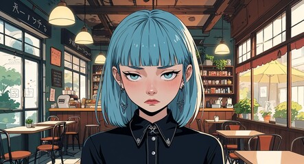 Obraz premium teen female sad buzz cut gothic outfit inside a cozy cafe illustration anime cartoon background