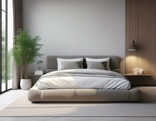 Fototapeta premium modern bed mockup with minimalist design in bright interior space generative ai