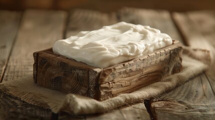 Creamy soap placed on rustic wooden surface with natural lighting and textured background