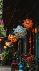 Festive Asian Lanterns Hanging Decor Intricate Batik Star Shapes Night Scene