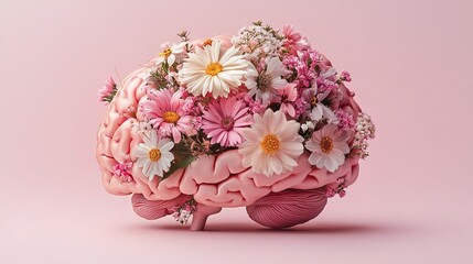 Creative representation of a brain adorned with vibrant flowers in a pastel pink setting evokes feelings of inspiration and beauty