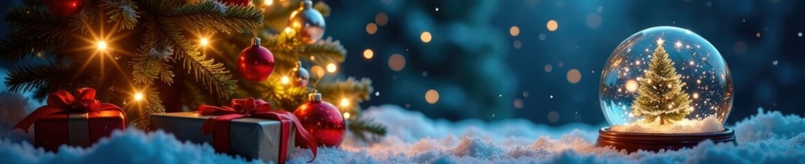 Sparkling snowflakes fall around a Christmas tree with a glowing wish list scroll, presents, snow globe effect