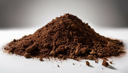 a mound of dirt has been piled up on a smooth white surface creating a contrast of textures and colors the dirt appears freshly disturbed with small particles scattered around the base