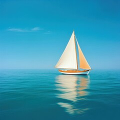 Naklejka premium Tranquil Scene of a Classic Sailboat Gliding Smoothly Across Calm Blue Waters Under a Clear Sky with Light Reflection on the Surface