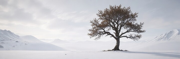 Fototapeta premium Single majestic tree standing alone on a snowy white background, isolated, forest