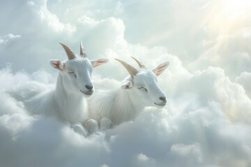 Fototapeta premium Two Gentle White Goats Bask in Soft, Dreamy Clouds Under a Gentle Ethereal Light