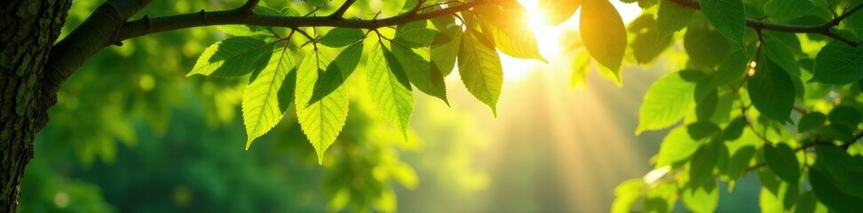 Sunlight filtering through the leafy branches of a tree, serene atmosphere, dappled shade
