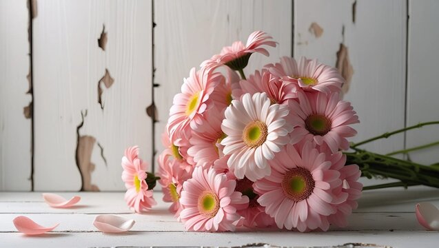 bouquet of pink gerberas on a background of a white wooden wall