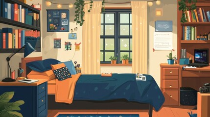 A flat design vector of a college dorm room with neatly arranged furniture, bookshelves, and cozy decorations, colorful and detailed