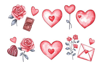 painted watercolor Valentine icons with hearts and roses