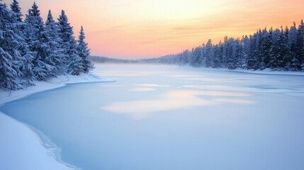 Serene Frozen Lake Surrounded by Dense Forest at Sunrise Reflecting Soft Pastel Colors