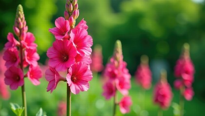Tall Alcea rosea plants with bright pink flowers blooming in a garden bed, garden, summer, green leaves