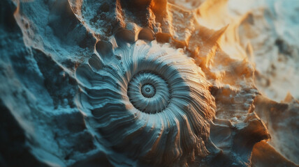 Intricate close-up of a spiraled seashell showcasing detailed textures and colors against a soft background