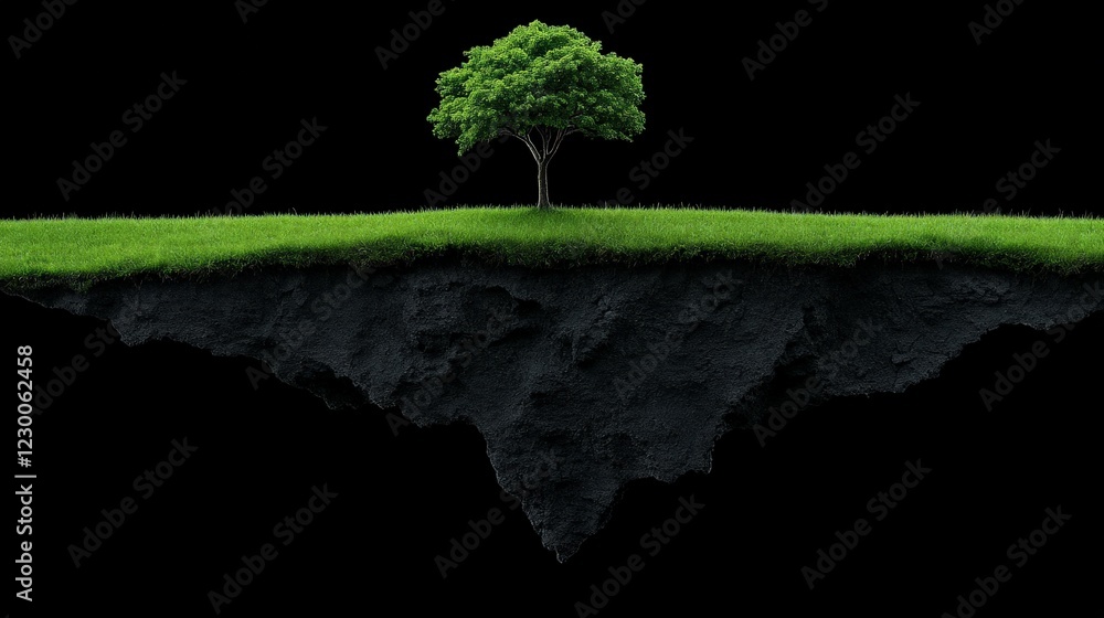 Poster solitary tree on floating island: a single, vibrant green tree stands tall on a small, isolated isla