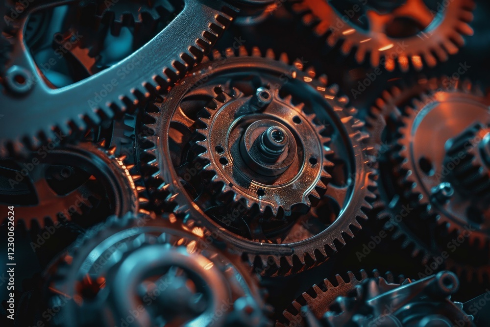 Poster close up view of a group of metallic gears working together in a complex mechanism