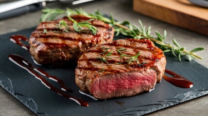 Two medium-rare steaks on a black stone plate. The steaks are juicy, seasoned with such herbs. generative AI