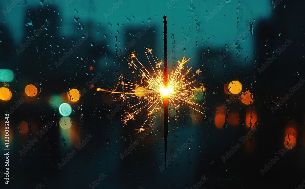 Poster sparkler glowing brightly against raindrops on window pane with city lights in the background creati