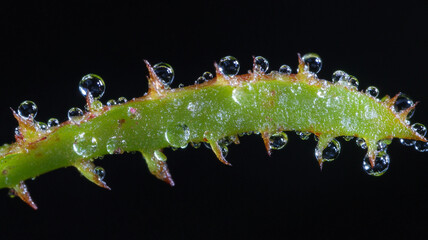 Fototapeta premium Close-up of a thorny green stem adorned with glistening water droplets against a dark background