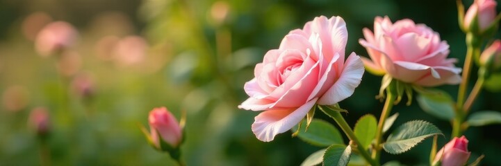 Fototapeta premium A dozen delicate blush roses tucked among woven reeds, garden, countryside