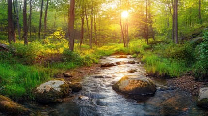 Obraz premium Sunset stream forest nature landscape, idyllic scenery, tranquility