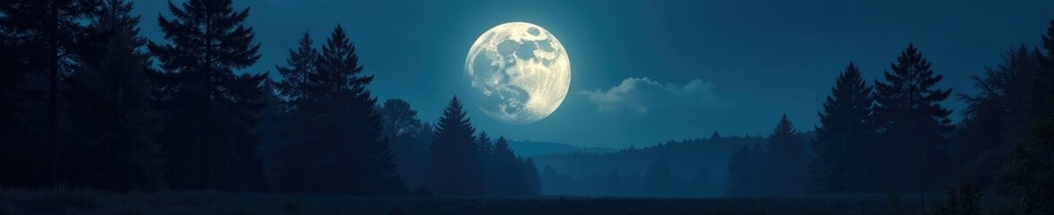A full moon rises above a dark forest, casting an eerie glow on the trees, lunar cycle, forest floor, darkness