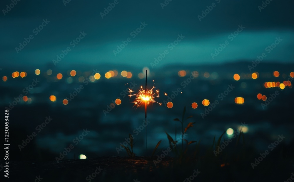 Aufkleber sparkler igniting in the foreground as vibrant bokeh lights shimmer in the blurred background during