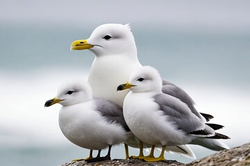 Obraz premium three seagulls are standing on a rock near the ocean