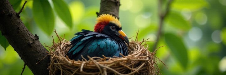 A hornbill snuggles into its nest high up in a tree with twigs and feathers surrounding it, avian, twig