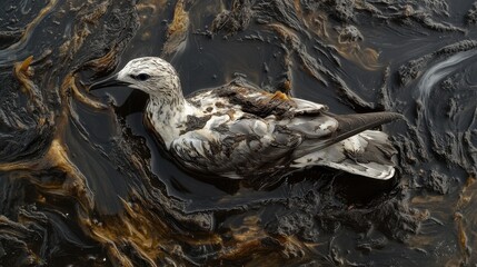 A heartbreaking image of a seabird trapped in oil sludge, emphasizing the dangers of water pollution