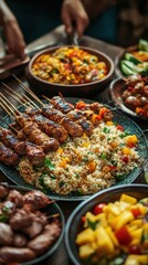 Fototapeta premium Delicious Lamb Kebabs with Rice Pilaf Spiced Fruit Salad Festive Meal