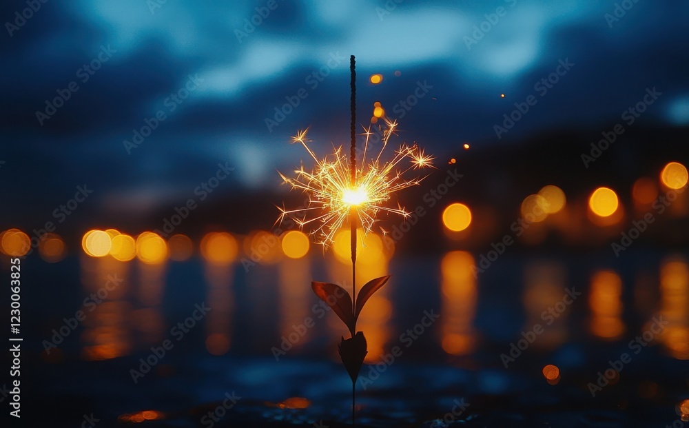 Aufkleber sparkler lighting up the night by water with soft bokeh background and unique green plant emerging f