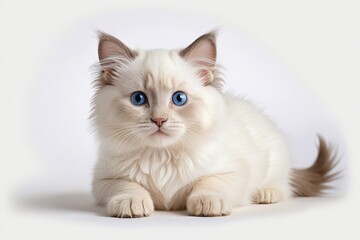 there is a white cat with blue eyes sitting on a white surface