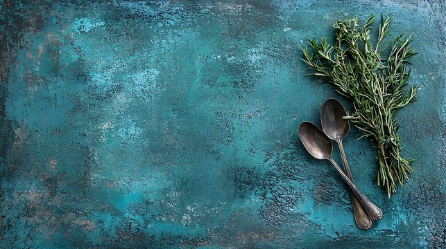Rustic teal background, rosemary sprigs, antique spoons. Food blog, recipe backdrop