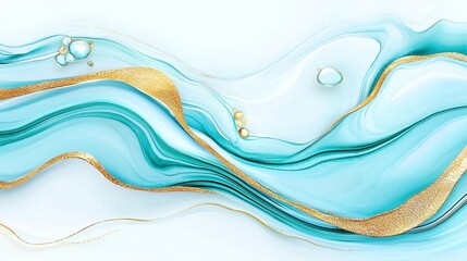 Sunny Lagoon Drift, an enchanting abstract watercolor composition in turquoise and gold, evokes the essence of a tropical getaway, perfect for summer decor and stationery.