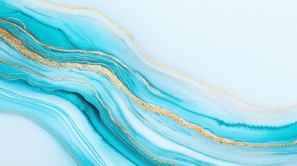 Sunny Lagoon Drift, vibrant abstract watercolor in turquoise and gold, evokes a tropical escape, perfect for summer decor and stationery with a hand-painted touch.