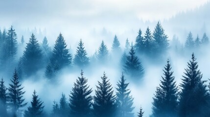 Fototapeta premium Enigmatic Forest Scene Shrouded in Mysterious Fog with Towering Trees Emerging from the Mist Creating an Ethereal Atmosphere and Inviting Adventure into the Depths of Nature's Beauty