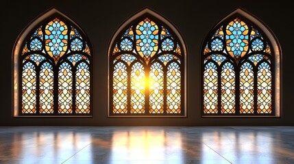 Sunrise through Gothic stained glass windows in a grand hall