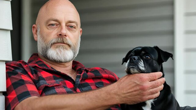 Bald White Male in Plaid Red Shirt Sitting with Black Dog on Porch, Relaxed Scene, Cozy Autumn Vibes, Home Lifestyle, Calm Atmosphere