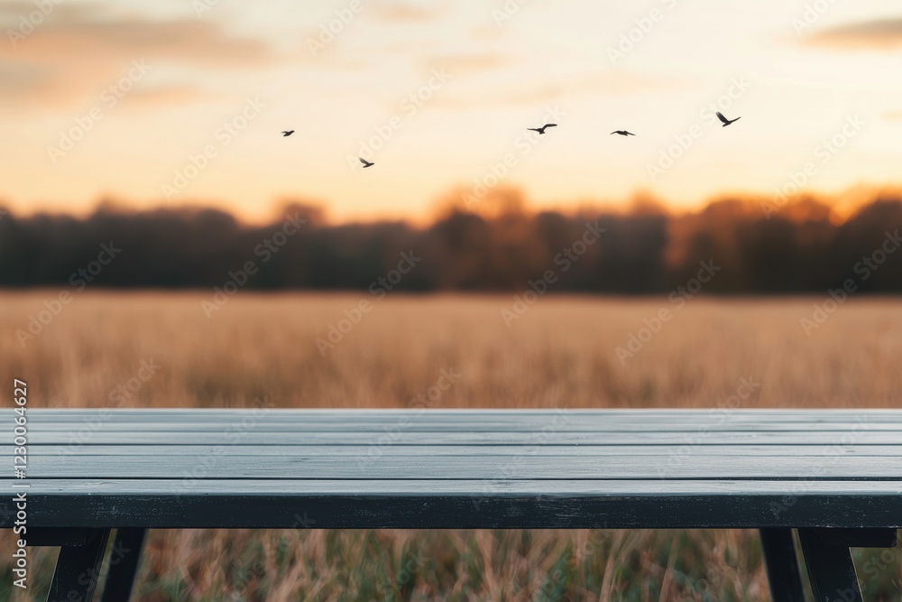 Poster Empty table inviting to rest in a peaceful field with birds flying at sunset
