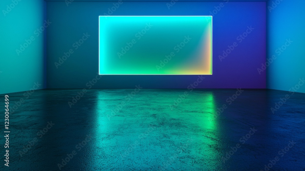 Poster a stunning abstract space is illuminated by a glowing neon gradient of blue and green. the smooth fl