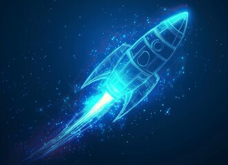 Abstract blue background with glowing light lines in the shape of a space rocket, a futuristic design element for science and technology concepts. Vector illustration