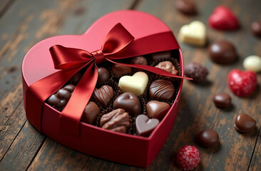 Heart-Shaped Box of Chocolates on Wooden Background &ndash; Romantic Valentine's Day Gift and Sweet Treat