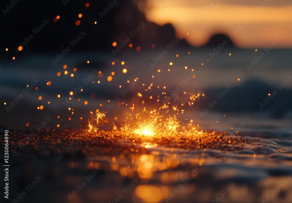 Aufkleber sparkling embers glinting at dusk on a sandy beach with gentle waves softly crashing in the backgrou