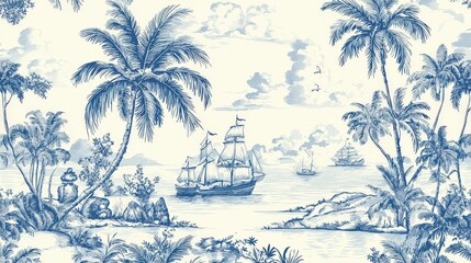 Tropical Landscape with Sailboats and Palm Trees in Blue and White