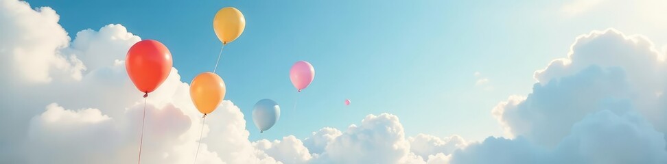 Naklejka premium Colorful balloons suspended in the air amidst wispy thin white clouds, peaceful, soft