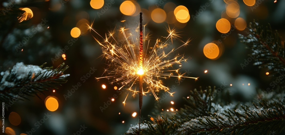 Poster sparkling firework on a sparkler against a blurred background of bokeh lights and greenery for festi